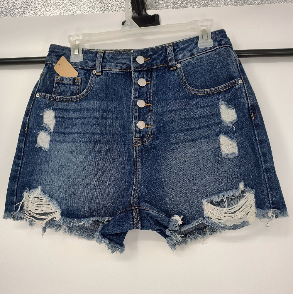 SHEIN Dark Wash High Rise Distressed Button Fly Jean Shorts Women's Size Large